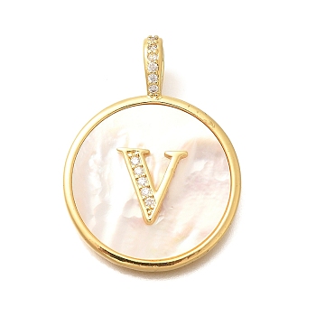 Rack Plating Brass Micro Pave Clear Cubic Zirconia Pendants with Shell, Letter Series Charms, Long-Lasting Plated, Lead Free & Cadmium Free, Letter V, 32x24x3.5mm, Hole: 6x3mm