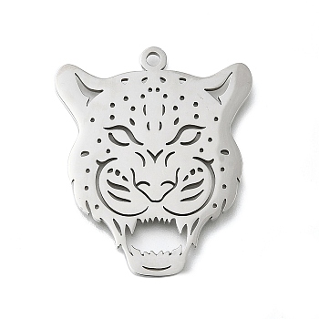 304 Stainless Steel Pendants, Leopard Head Charms, Laser Cut, Anti-Tarnish, Stainless Steel Color, 34.5x29x1.5mm, Hole: 2mm