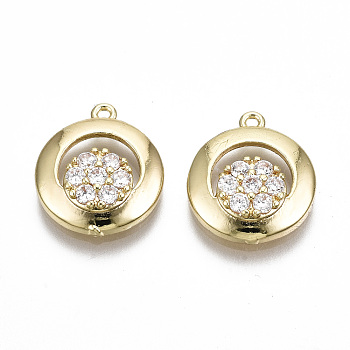 Brass Micro Pave Clear Cubic Zirconia Pendants, Flat Round, Golden, 15x12.5x3mm, Hole: 1mm