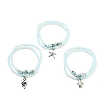 Stretch Bracelets Sets, Stackable Bracelets, with Mixed Shapes Alloy Pendants, Rondelle Glass Beads, Natural Larimar & Turquoise(Dyed) Beads, Antique Silver, Light Cyan, Inner Diameter: 2-1/8 inch(5.5cm), 2pcs/set