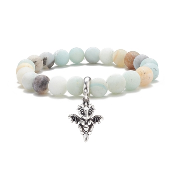 Natural Frosted Flower Amazonite Round Beaded Stretch Bracelet with Dragon Charm, Stone Jewelry for Women, WhiteSmoke, Inner Diameter: 2-1/4 inch(5.6cm)