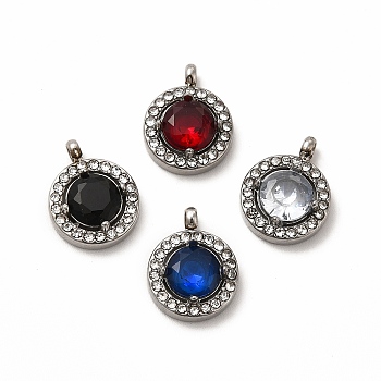 304 Stainless Steel Cubic Zirconia Pendants, with Rhinestone, Flat Round Charms, Mixed Color, 13x10.5x4mm, Hole: 1.8mm