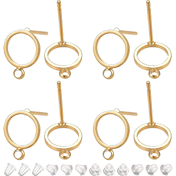 20Pcs Brass Stud Earring Findings, Open Ring with Loop, with 40Pcs Plastic Ear Nuts, Real 18K Gold Plated, 12.5x10mm, Hole: 1.4mm, Pin: 0.7mm