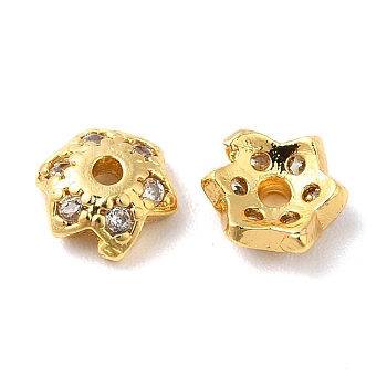 Brass Micro Pave Cubic Zirconia Bead Cap, 6-Petal Flower, Real 18K Gold Plated, 6x5.5x2mm, Hole: 1mm
