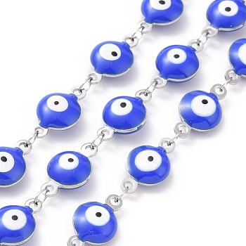 304 Stainless Steel Link Chains, with Enamel, Soldered, Flat Round with Evil Eye, Stainless Steel Color, Prussian Blue, 14.5x8x3~4mm