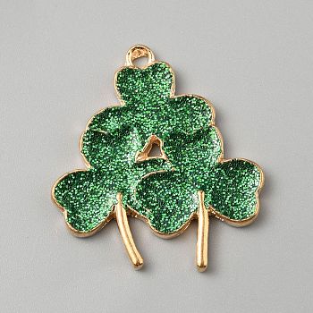 Saint Patrick's Day Glitter Alloy Enamel Pendants, Light Gold, Clover, 29.5x26.5x2mm, Hole: 2mm