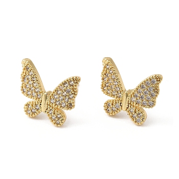 Butterfly Brass Micro Pave Cubic Zirconia Stud Earrings for Women, Real 18K Gold Plated, 11x13.5mm