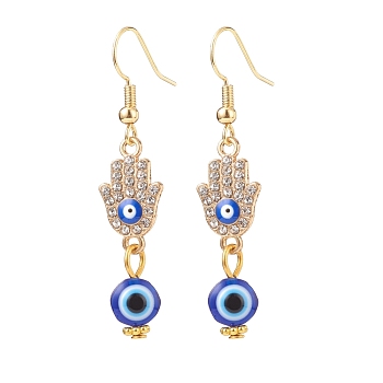 Crystal Rhinestone Dangle Earrings with Enamel Evil Eye, Brass Drop Earrings with Resin Beaded for Women, Golden, Hamsa Hand Pattern, 48mm, Pin: 0.7mm
