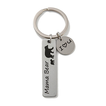 Mother's Day Gift 201 Stainless Steel Word Mama Bear Keychains, with Iron Key Rings, Rectangle, 8cm