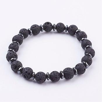Natural Lava Rock Stretch Bracelets, with Non-Magnetic Synthetic Hematite Spacer Beads, 2-1/8 inch~2-3/8 inch(55~60mm)