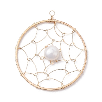 Natural Cultured Freshwater Pearl Pendants, Flat Round Brass Web/Net Charms, Golden, 40x35.5x6mm, Hole: 2mm