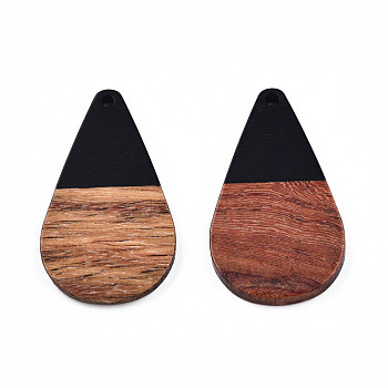 Opaque Resin & Walnut Wood Pendants, Teardrop Shape Charm, Black, 38x22x3mm, Hole: 2mm