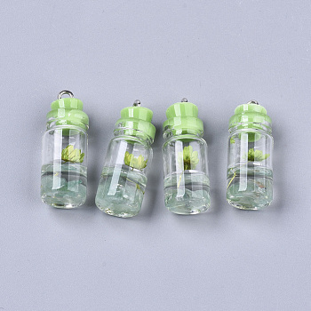 Glass Bottle Pendant Decorations, with Natural Green Aventurine & Dried Flower, Resin Tampions and Platinum Plated Iron Findings, 28~29x11mm, Hole: 1.8mm