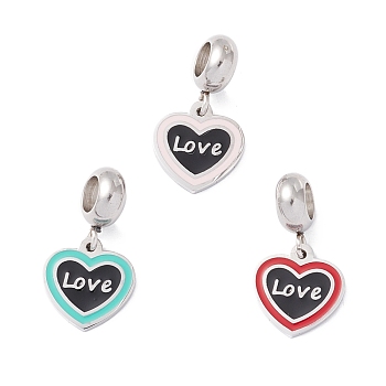 304 Stainless Steel European Dangle Charms, Large Hole Pendants, with Enamel, Stainless Steel Color, Heart & Word Love, Mixed Color, 21mm, Hole: 4.5mm