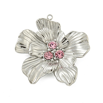 304 Stainless Steel Pendants, with Rhinestone, Flower Charm, Stainless Steel Color, Rose, 26x24.5x4mm, Hole: 1.2mm