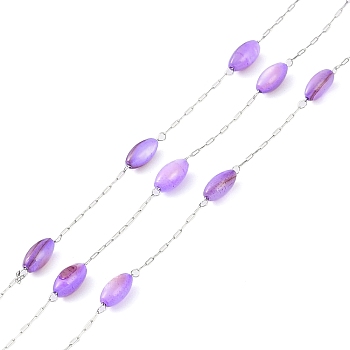 304 Stainless Steel & Dyed Shell Handmade Oval Beads Chain, Soldered, with Spool, Stainless Steel Color, Medium Purple, 8x4mm