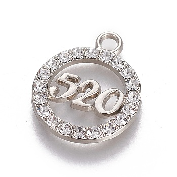 Rhinestone Pendants, with Zinc Alloy Findings, Flat Round with 520, Clear, Platinum, 23.5x19.5x2mm, Hole: 2mm