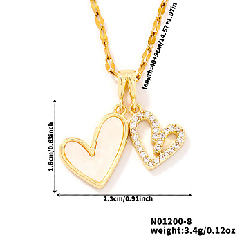 Shiny Brass Clear Cubic Zirconia Double Heart Pendant Dapped Chain Necklaces for Women, Golden, 15.75 inch(40cm)