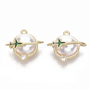 Brass Cubic Zirconia Charms, Nickel Free, with Enamel and ABS Plastic Imitation Pearl, Planet and Plane, Real 18K Gold Plated, 13.5x14x7mm, Hole: 1mm(X-KK-T050-46G-NF)