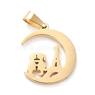Valentine's Day 304 Stainless Steel Pendants, Laser Cut, Moon with Couples and Tower, Golden, 18x15x1.5mm, Hole: 3x5mm(STAS-J026-23G)
