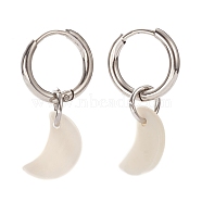 304 Stainless Steel Huggie Hoop Earrings, Crescent Moon Earrings, with Natural Shell, Stainless Steel Color, 27mm, Pin: 1mm(EJEW-JE04404-02)