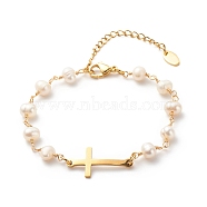 201 Stainless Steel Cross Link Bracelet with Natural Pearl Beaded Chains for Women, Golden, 7-1/8 inch(18cm)(X-BJEW-JB08543)