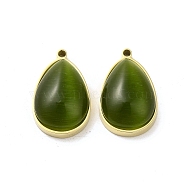 304 Stainless Steel Pendants, with Cat Eye, Real 14K Gold Plated, Teardrop, Dark Green, 22x14x7.4mm, Hole: 1.4mm(STAS-L022-045G-08)