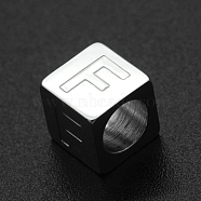 201 Stainless Steel European Beads, Large Hole Beads, Horizontal Hole, Cube, Stainless Steel Color, Letter.F, 7x7x7mm, Hole: 5mm(STAS-N090-LA062-F)