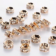 Brass Rhinestone Spacer Beads, Grade AAA, Straight Flange, Nickel Free, Light Gold Metal Color, Rondelle, Crystal, 8x3.8mm, Hole: 1.5mm(X-RB-A014-Z8mm-01LG-NF)