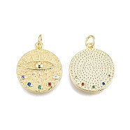 Brass Pave Cubic Zirconia Pendants, with Jump Rings, Nickel Free, Real 18K Gold Plated, Flat Round with Eye, Colorful, 23x20x2mm, Jump Ring: 6x1mm, 4mm inner diameter(KK-N231-348B-01)