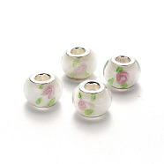 Handmade Lampwork European Beads, Large Hole Rondelle Beads, with Platinum Tone Brass Double Cores, Floral White, 14~15x9~10mm, Hole: 5mm(LPDL-N001-036-F10)