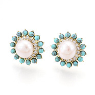 Flower Brass Natural Pearl Stud Earrings, with Clear Cubic Zirconia & Synthetic Turquoise & 925 Sterling Silver Pins, Real 18K Gold Plated, Creamy White, 18x18mm, Pin: 0.6mm, Pearl: 9mm(PEAR-N020-05Y)