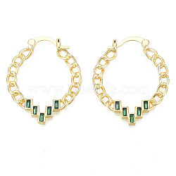 Green Cubic Zirconia Teardrop Hoop Earring, Brass Curb Chain Shape Earrings for Women, Nickel Free, Real 18K Gold Plated, 32x24.5x2mm, Pin: 1.5mm(EJEW-N011-56-02LG)