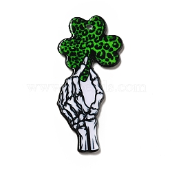 Halloween Printed Acrylic Pendants, Saint Patrick's Day, Skeleton Hand Charm, Clover Pattern, 48x22.5x2mm, Hole: 2mm(MACR-G059-07A)