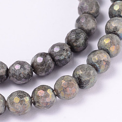 Electroplate Natural Labradorite Round Bead Strands, Faceted, 6mm, Hole: 1mm, about 62pcs/strand, 14.9 inch(G-L377-36-6mm)