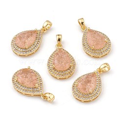Golden Plated Brass Micro Pave Clear Cubic Zirconia Pendants, with Glass, Long-Lasting Plated, with Snap on Bails, Teardrop, Sandy Brown, 24.5x16x7.5mm, Hole: 3x5mm(ZIRC-F123-01F)