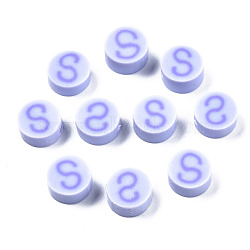 Handmade Polymer Clay Beads, Flat Round with Alphabet, Lavender, Letter.S, 9x3.5~5mm, Hole: 1.6mm(CLAY-N011-031S)