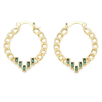 Green Cubic Zirconia Teardrop Hoop Earring, Brass Curb Chain Shape Earrings for Women, Nickel Free, Real 18K Gold Plated, 32x24.5x2mm, Pin: 1.5mm