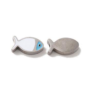 304 Stainless Steel Beads, with Enamel, Stainless Steel Color, Fish, White, 7x13.5x3mm, Hole: 1.8mm