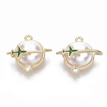 Brass Cubic Zirconia Charms, Nickel Free, with Enamel and ABS Plastic Imitation Pearl, Planet and Plane, Real 18K Gold Plated, 13.5x14x7mm, Hole: 1mm
