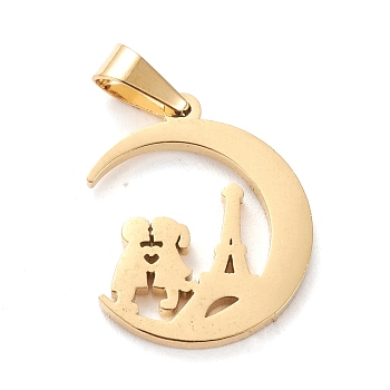Valentine's Day 304 Stainless Steel Pendants, Laser Cut, Moon with Couples and Tower, Golden, 18x15x1.5mm, Hole: 3x5mm