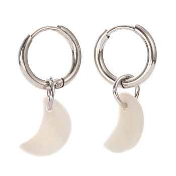 304 Stainless Steel Huggie Hoop Earrings, Crescent Moon Earrings, with Natural Shell, Stainless Steel Color, 27mm, Pin: 1mm