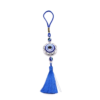 Alloy & Glass Pendant Decorations, Flat Round & Round Beads with Evil Eyes, Tassels Hanging Ornaments, Royal Blue, 262mm