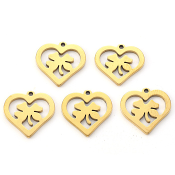 Vacuum Plating 201 Stainless Steel Charms, Laser Cut, Heart Ring with Clover, Golden, 13.5x14.5x1mm, Hole: 1.2mm