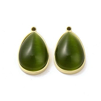 304 Stainless Steel Pendants, with Cat Eye, Real 14K Gold Plated, Teardrop, Dark Green, 22x14x7.4mm, Hole: 1.4mm