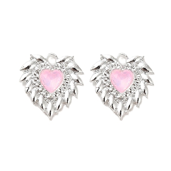 Rack Plating Alloy Rhinestones Pendants, Lead Free & Cadmium Free, Heart, Silver, Pink, 20x20x4mm, Hole: 2mm