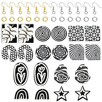 DIY Earrings Making Kits, Including 20Pcs 10 Style Opaque Acrylic Pendants, Black & White, 40Pcs Iron Open Jump Rings, 40Pcs Brass Earring Hooks with Beads, Ear Wire, Mixed Color, Pendants: 26.5~40x26~35x2.2~3mm, hole: 1.5~1.6mm, 2pcs/style