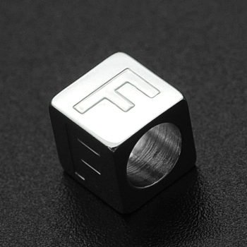 201 Stainless Steel European Beads, Large Hole Beads, Horizontal Hole, Cube, Stainless Steel Color, Letter.F, 7x7x7mm, Hole: 5mm