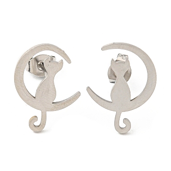 304 Stainless Steel Stud Earrings for Women, Moon with Cat, Stainless Steel Color, 17.5x13mm
