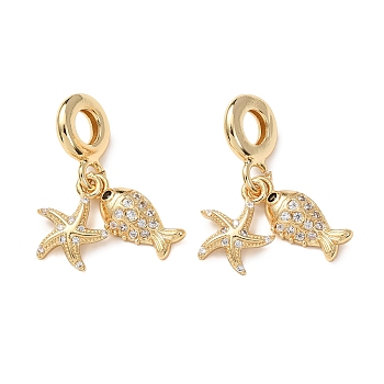 Ocean Brass Micro Pave Clear Cubic Zirconia European Dangle Charms, Sea Animals Starfish Fish Large Hole Pendants, Real 16K Gold Plated, Real 16K Gold Plated, 29mm, Hole: 5mm, Pendant: 14~17x7~11x3~3.5mm